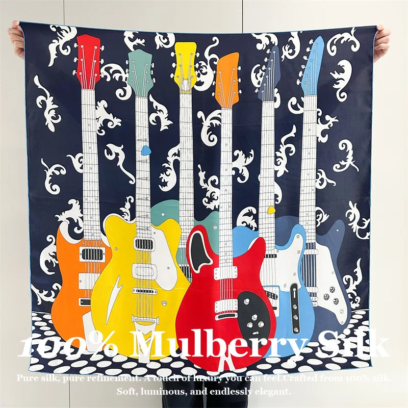 

100% Real Silk 110x110cm Large Square Scarf Hand Rolled Edge Women Luxury Guitar Print Hijab Shawl Wrap Pashmina Poncho Scarves
