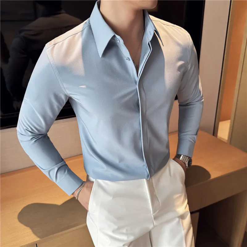 High Quality Invisible Button up Stand Up Collar Shirt 2024 New Men Long Sleeve Slim Fit Casual Social Business Prom Shirts