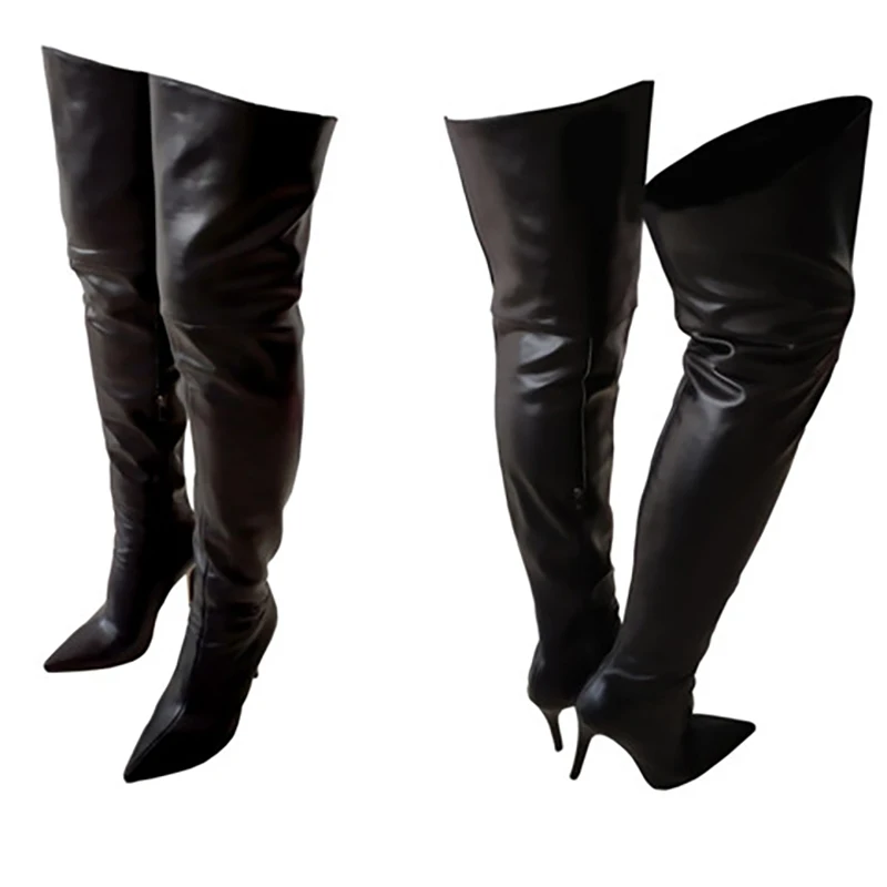 Real Photo SUPER 2023 Women\'s Thigh High Boots Black Leather Lining Stiletto Heels 4 Season Shoes Botines Large Size 39 43 47