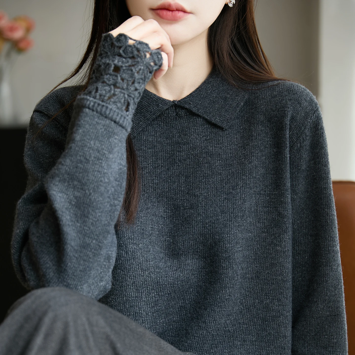 

Women's Loose Long Sleeve Knitted Shirt Collar Hook Flower Splicing Sleeve Cap Winter Base Shirt Inner Wear Artistic Casual S...