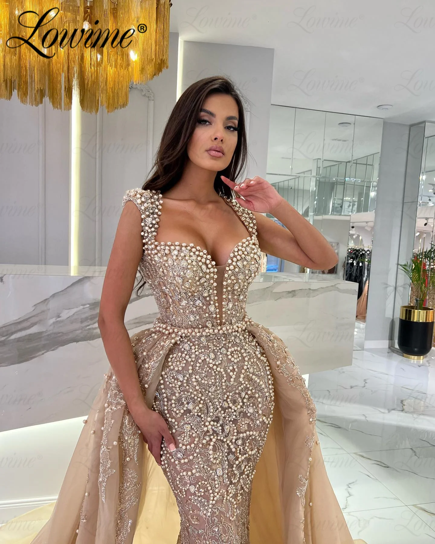 Robe De Soiree Luxury Beaded Evening Dress Customized Arabic Occasion Prom Dresses With Detachable Train Middle East Party Gowns