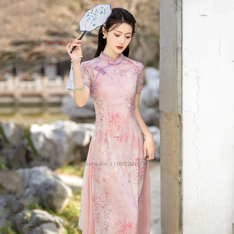 2025 vietnam traditional dress aodai chinese improved qipao national flower print cheongsam dress stage performance a-line dress