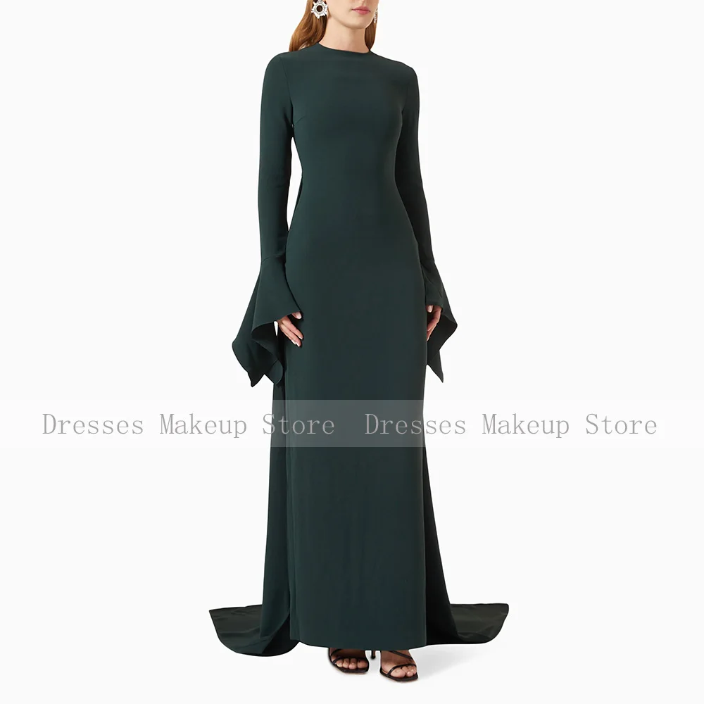 Dark Green Evening Dress Long Sleeves O Neck Sheath/Column Formal Evening Gowns for Women 2024 Elegant Wedding Guest Dresses