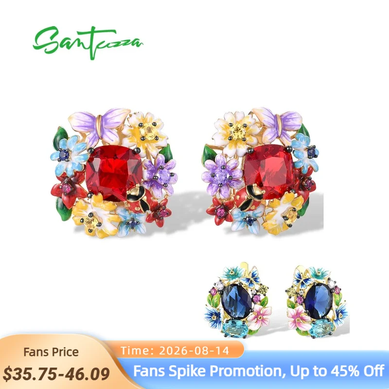 SANTUZZA Pure 925 Sterling Silver Earrings For Women Red Stone Colorful Flowers Butterfly Ladybug Fine Jewelry Handmade Enamel