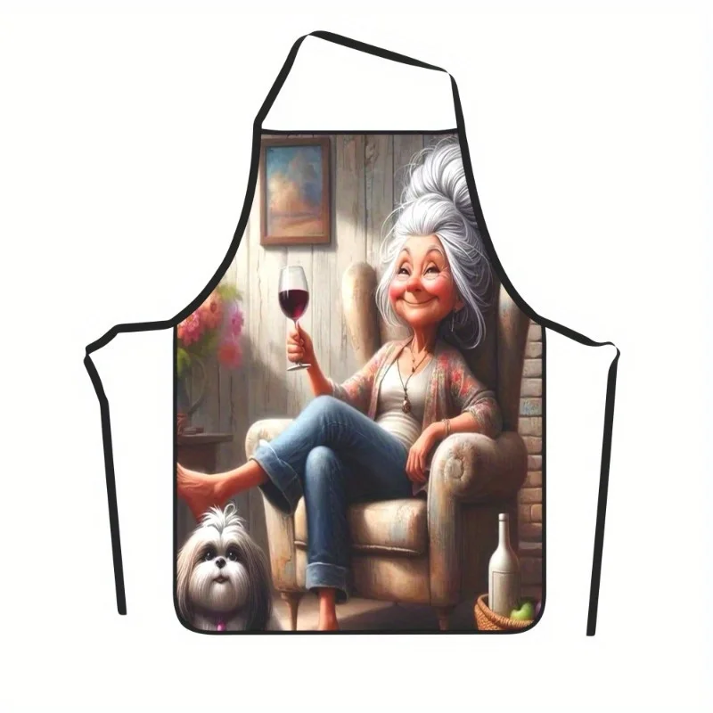 Polyester Chef Apron for Men & Women - Grandma Drinking Red Wine Design, Perfect Gift for Dad, Husband, Boyfriend, Brother, Mom