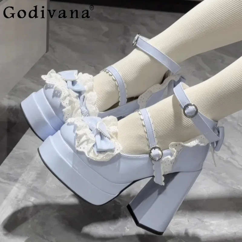 여성용 새 JK 유니폼 로리타 슈즈 여름 스윗 귀여운 로리타 하이힐 로슈즈 여성 청키 힐 메리 제인 가죽 신발