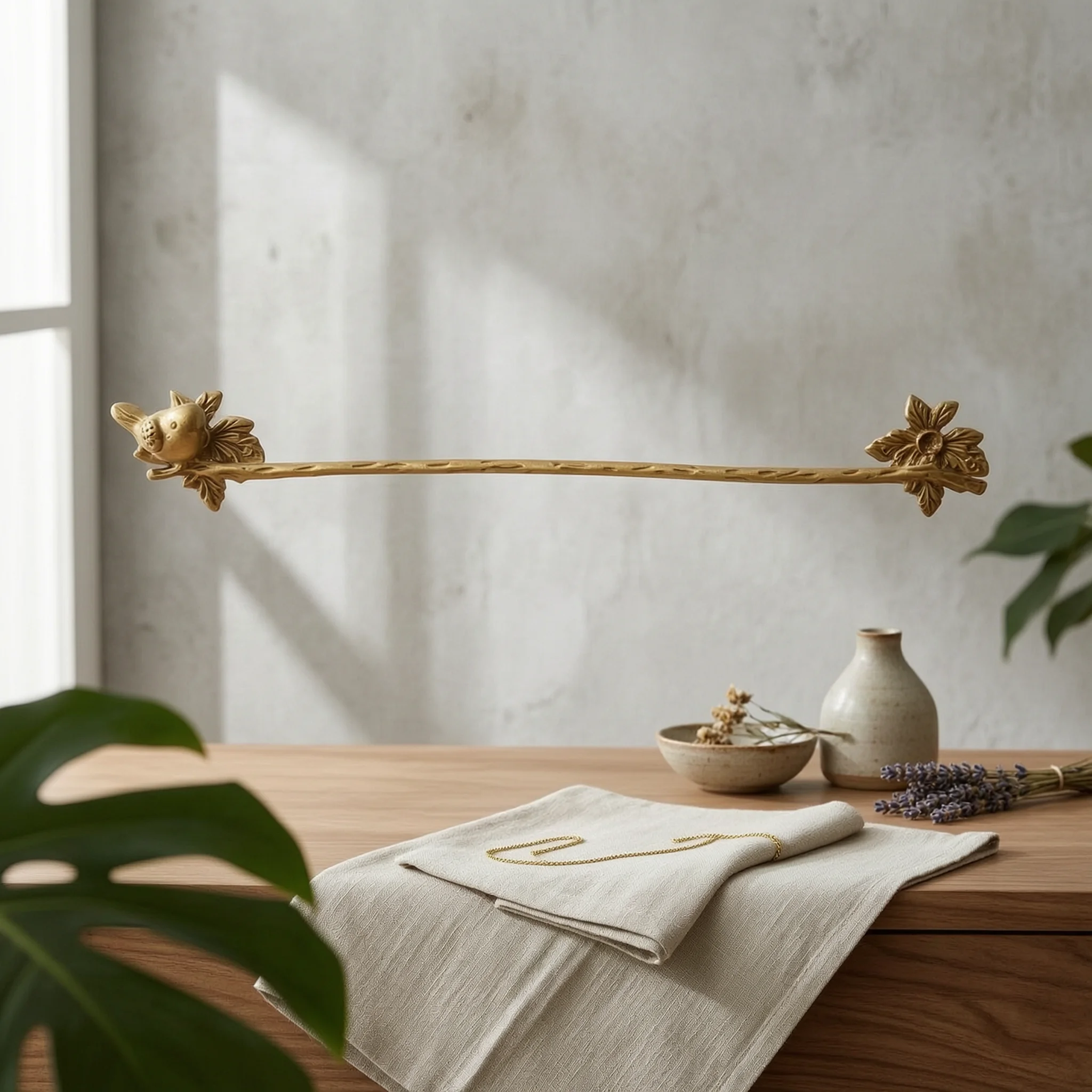 Towel Bar with Bird Motif Decorative Towel Rod with Floral Motif Hardware Sturdy Compact for Bathroom, Powder Room