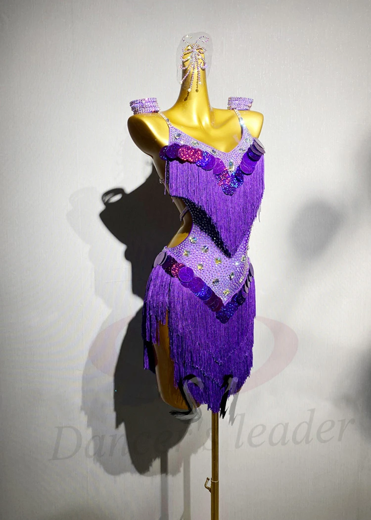 Vestido de baile latino AB Stone para mujer, adulto, niños, de gama alta, personalizado, lentejuelas moradas, correa de borla, negro, piscina, Samba, actuación