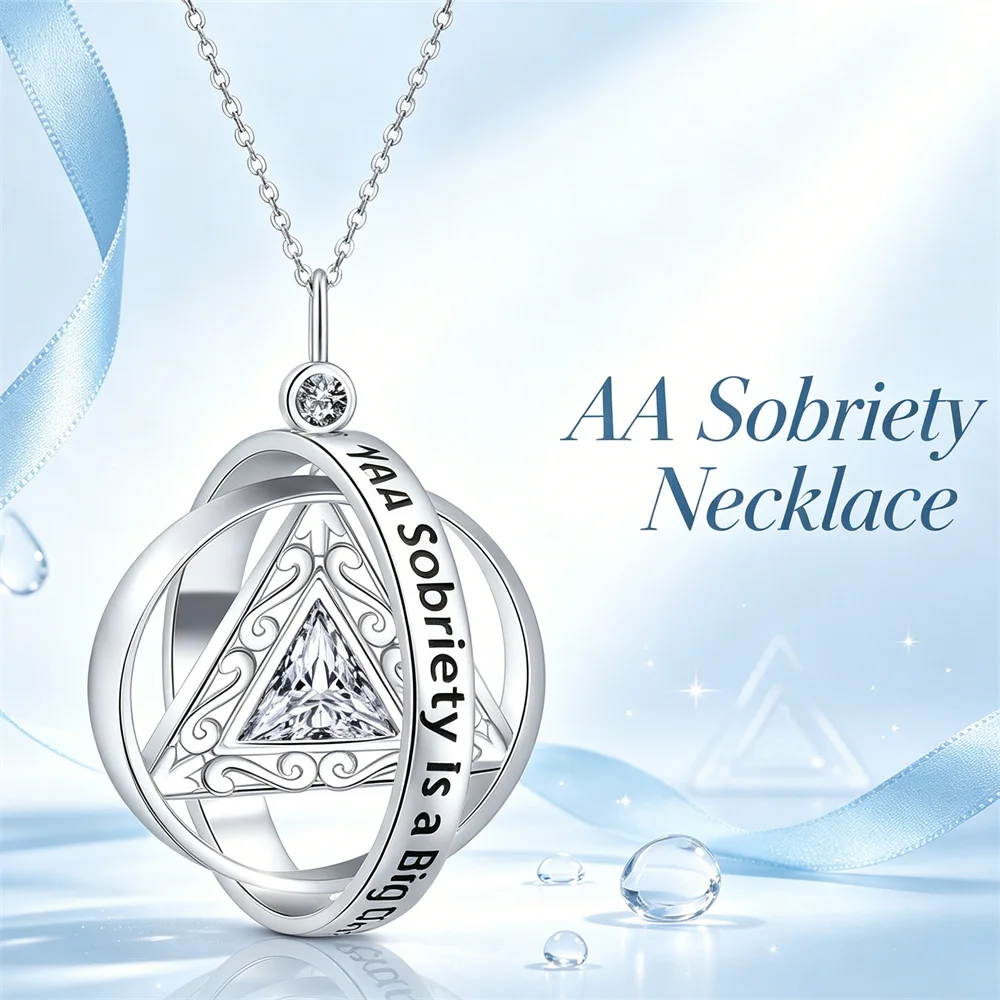 Rotatable AA Sobriety Necklace for Men & Women, Zinc Alloy Triangle Recovery Inspirational Gift for Sober Anniversary Milestone.