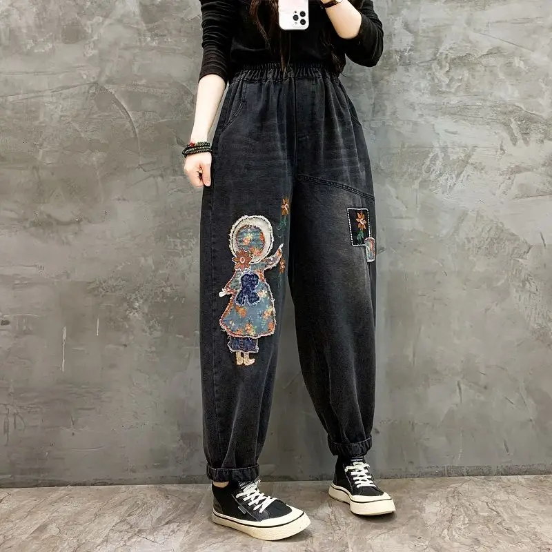 Aricaca New High Quality Women M-XL Retro Patch Embroidered Printed Loose Jeans