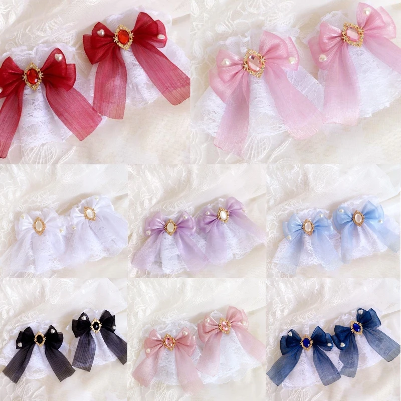 Japanse Lolita Handmouw Pols Manchetten Zoete Ruches Kant Multicolor Strik Meid Cosplay Armband Voor Huwelijksfeest