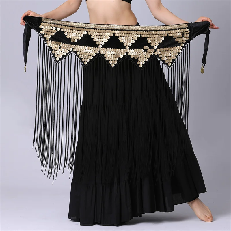 Tribal Coins Wave Shape Belly Dance Hip Skirt Shiny Dancing Wrap Belt Fringe Tassel Shawl for Women Girls Dancewear Outfit