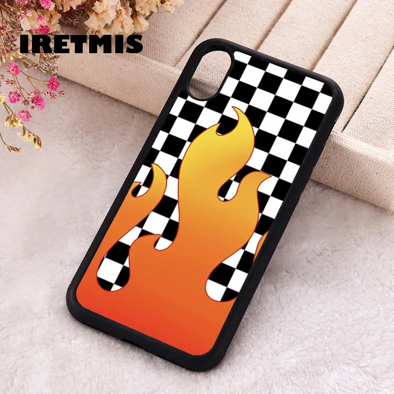 Iretmis Phone Cover Case For iPhone X XS Max XR 11 12 13 PRO MINI 14 15 16 Plus Rubber Silicone Checkered Flame Orange