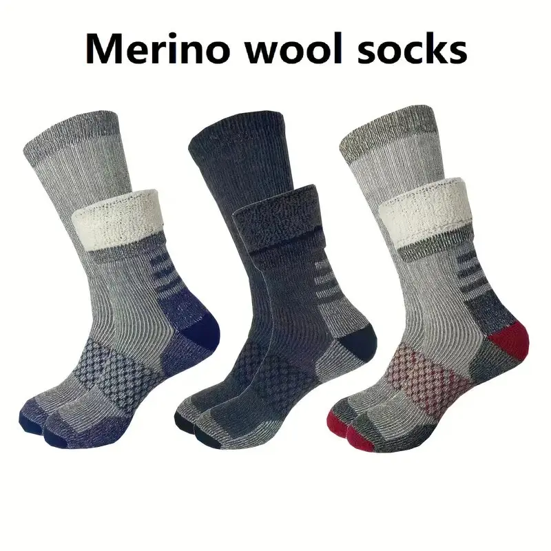 

3 пары шерстяных походных носков, шерстяные зимние термодлинные удобные носки с геометрическим узором, эластичные ребристые манжеты, можно стирать в машине
