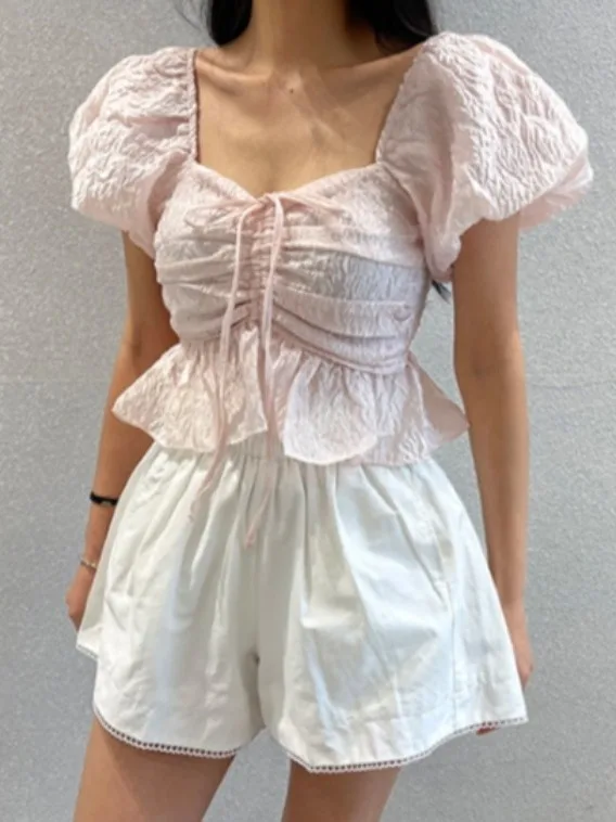 

Sweet Youthful Pleated ort Bubble Sve irt Women's Summer New Gentle Texture Belted Top Fem Faion Casual Wear