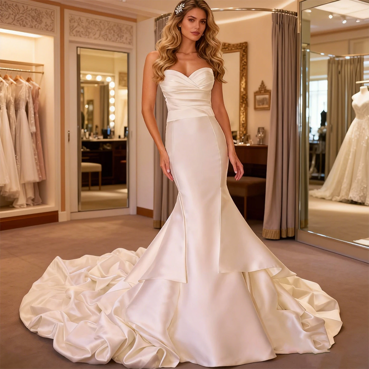 

Элегантное атласное пышное свадебное платье-футляр для невесты без бретелек плиссированное длинное свадебное платье русалки с шлейфом Vestidos Novia