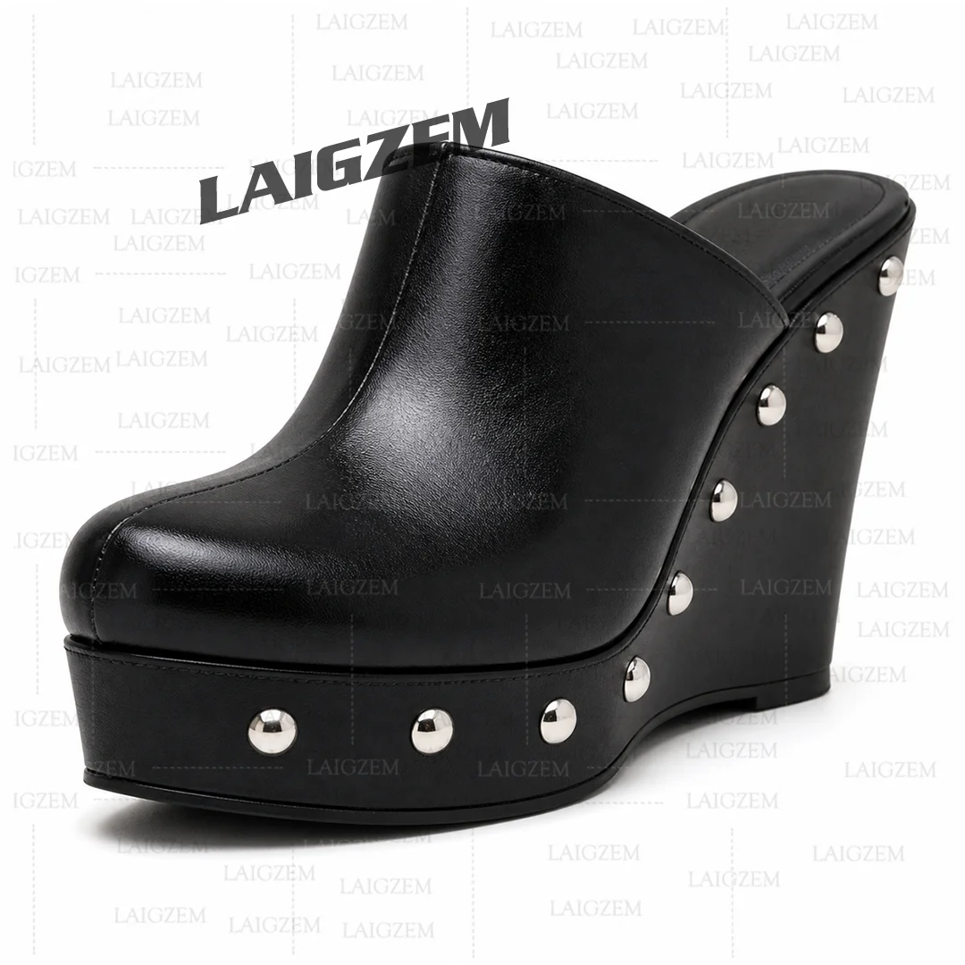 LAIGZEM Damen Pumps Plateau-Stiefeletten mit Nieten Runde Zehenpartie Hohe Absätze Slip-On Handgefertigte Schwarze Damenschuhe Große Größen 39 41 42 43