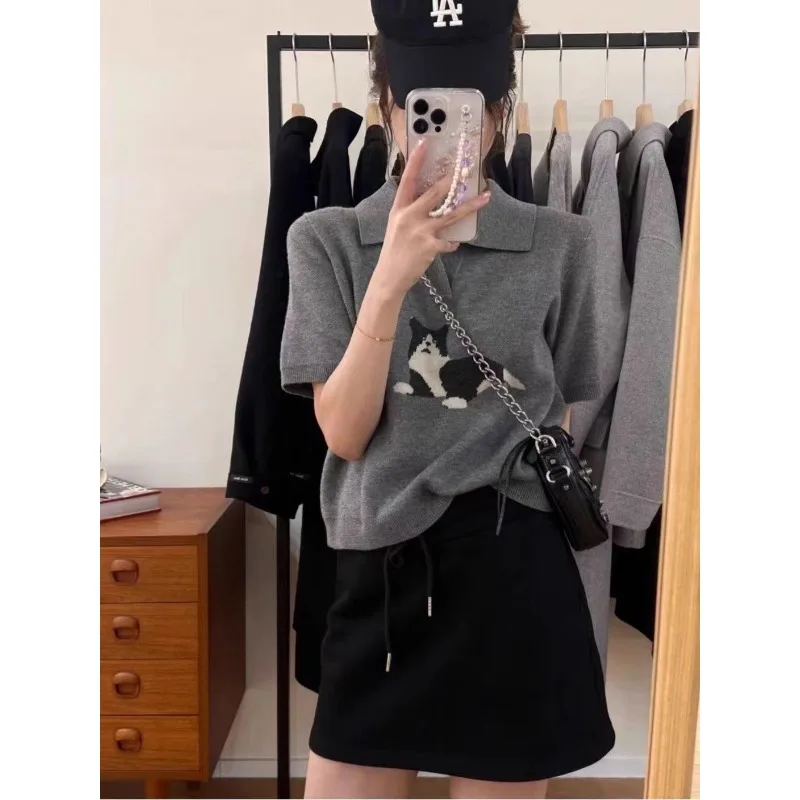 Tops T-shirt Women's Summer Polo Neck Knit Designer Slimming Cropped Retro Short Sleeves Jacquard New Comfortable Casual Niche