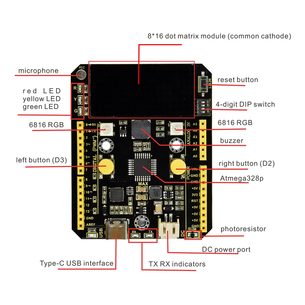 Kidsbits UNO-Max Board CP2102 USB to Serial Port With 6812 RGB Light /Microphone/Buzzer/Compatible With Arduino UNO R3 Projects