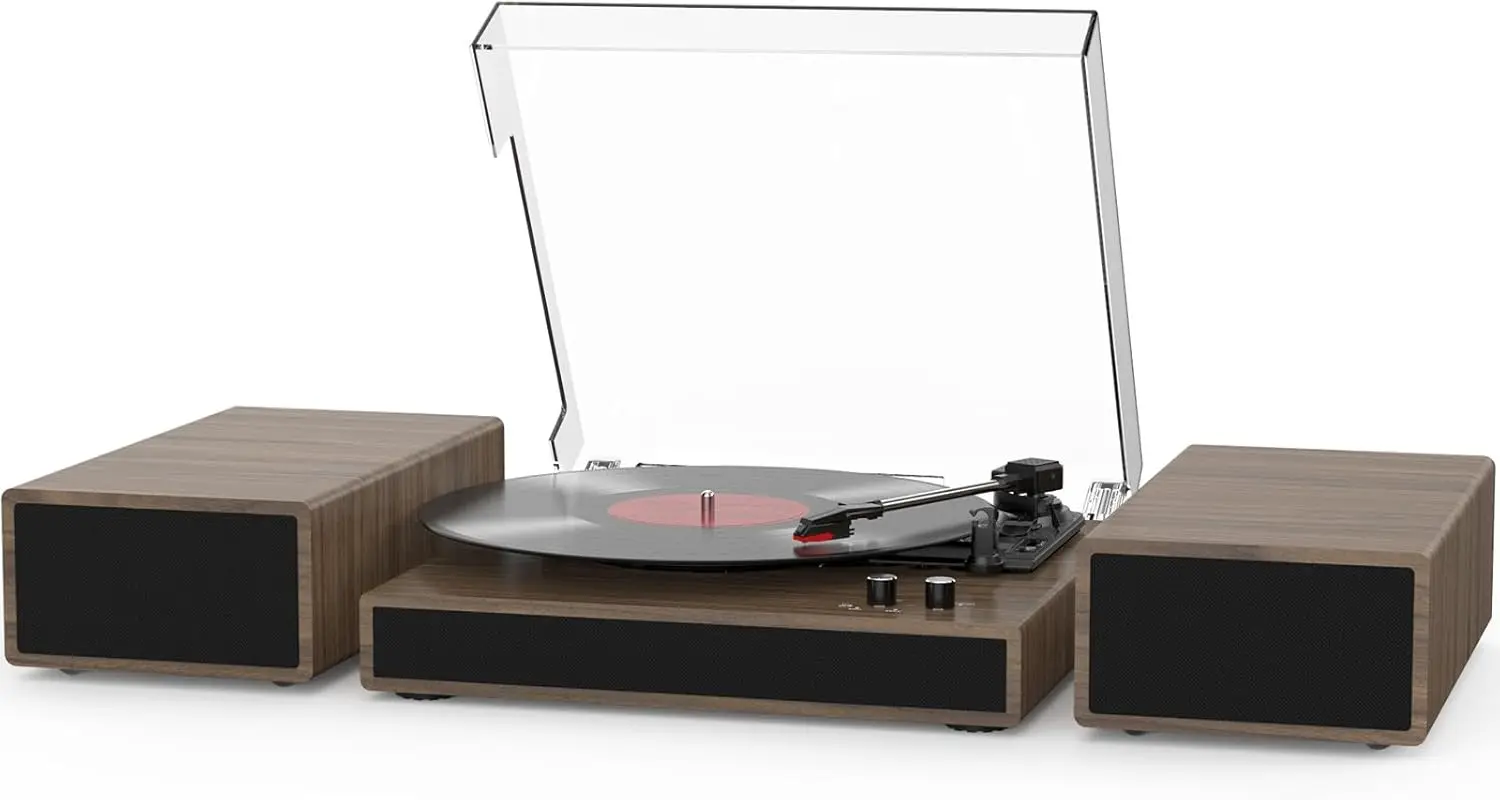 

Vintage Turntable with Bluetooth, Dual Speakers, 3-Speed Playback, Auto Stop for Vinyl Records