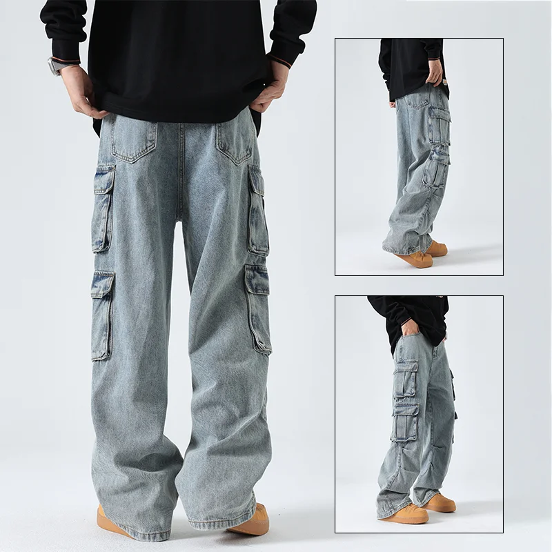 Multi-Pocket Blue Washed Jeans Cargo Pants Men Y2K Heavy Retro Streetwear Fashion Hip Hop Jeans Harajuku Casual Wide Leg Pants