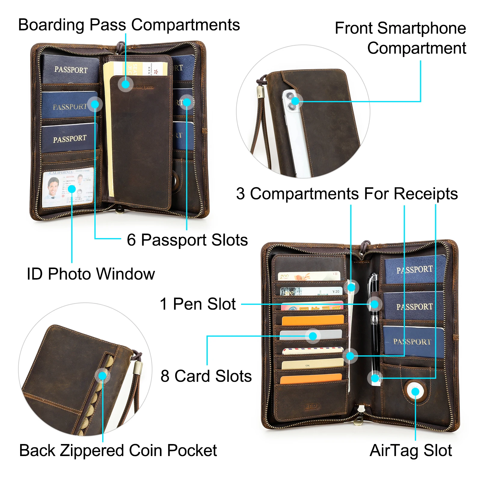 Familien pass Brieftasche mit Airtag-Steckplatz für Reisen Echt leder Kreditkarte Bordkarte Inhaber Stift Abdeckung Geld Clutch Tasche