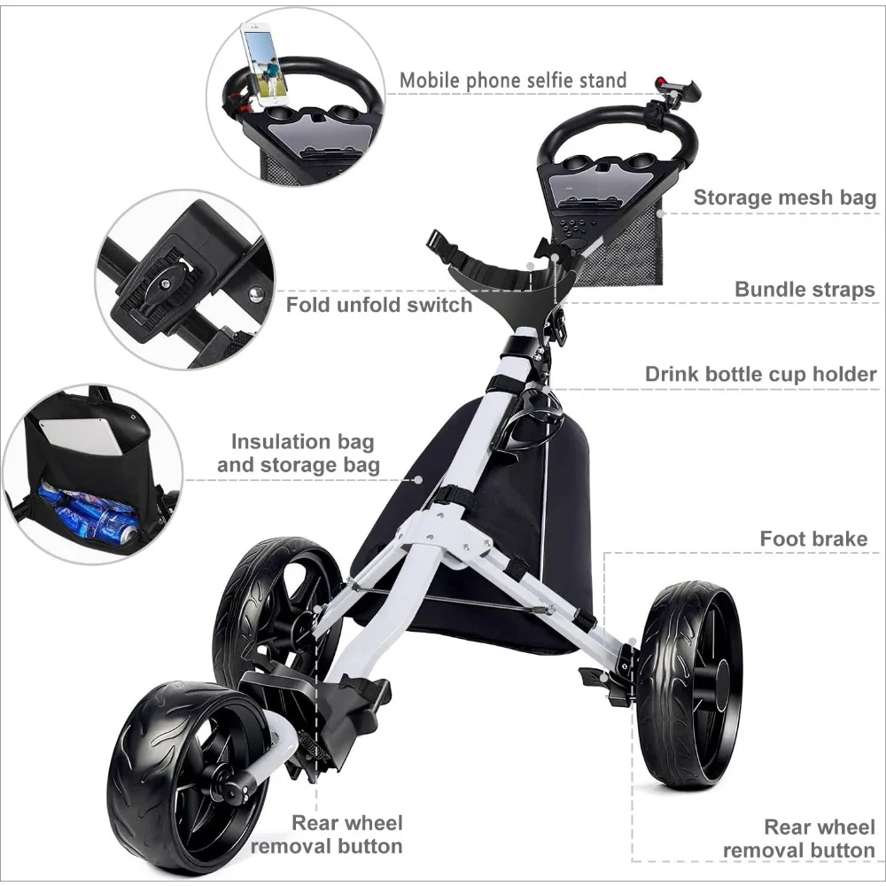 Golf Cart, Foldable Golf Push Cart, Bag Cart, Bag Cart Collapsible Golf Pull Cart with Phone Holder and Storage Bag