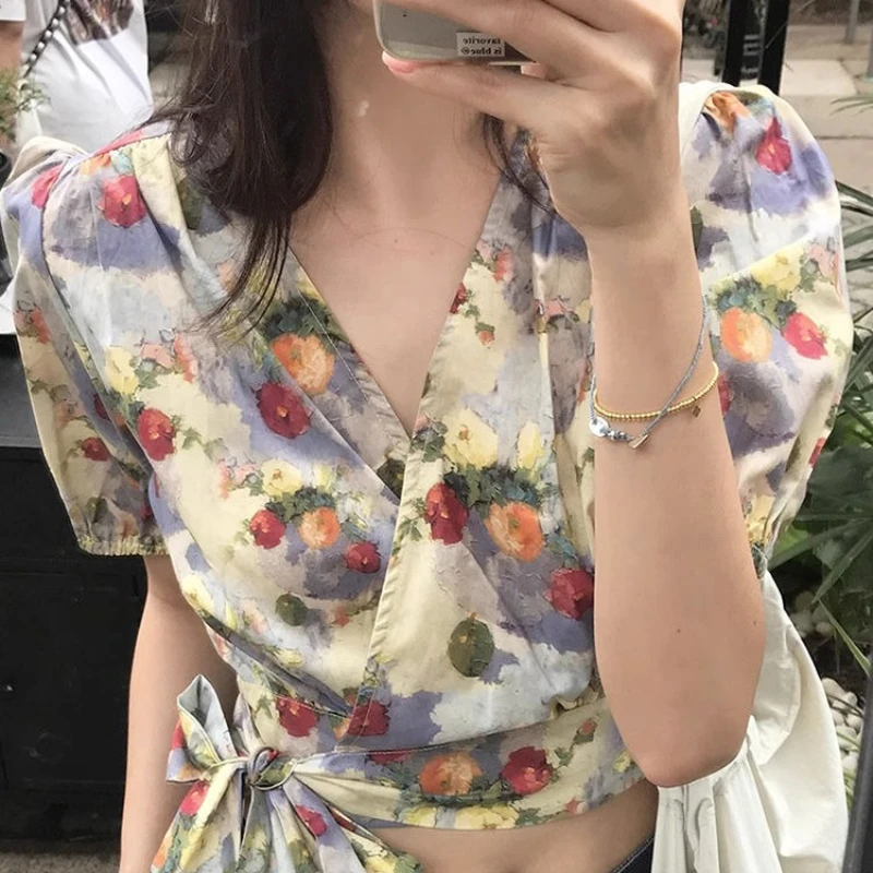 

Summer Flower Puff Sleeves Cross Side Tie Waist V-neck Shirt for Women