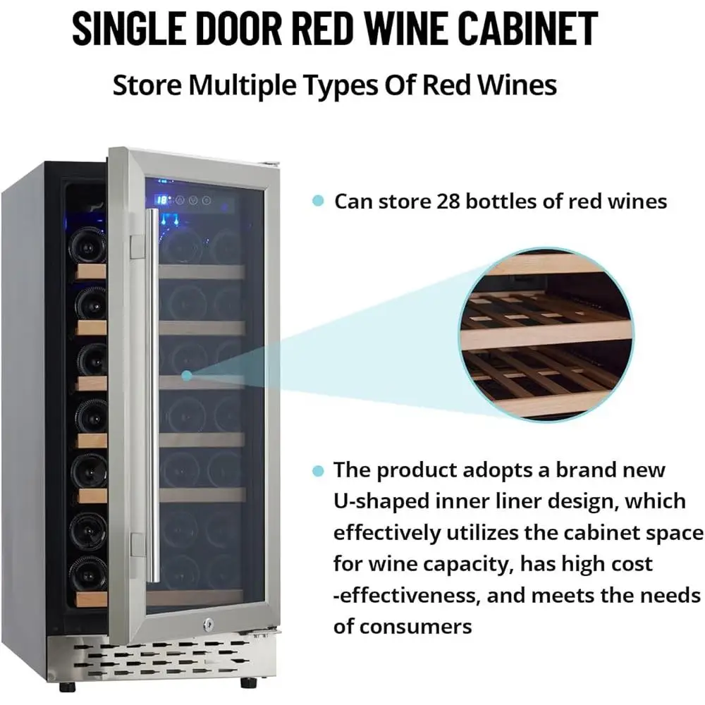 ثلاجة النبيذ 28 زجاجة التحكم الرقمي في درجة الحرارة ثلاجة مدمجة LED تعمل باللمس باب زجاجي قبو نبيذ صغير قائم بذاته