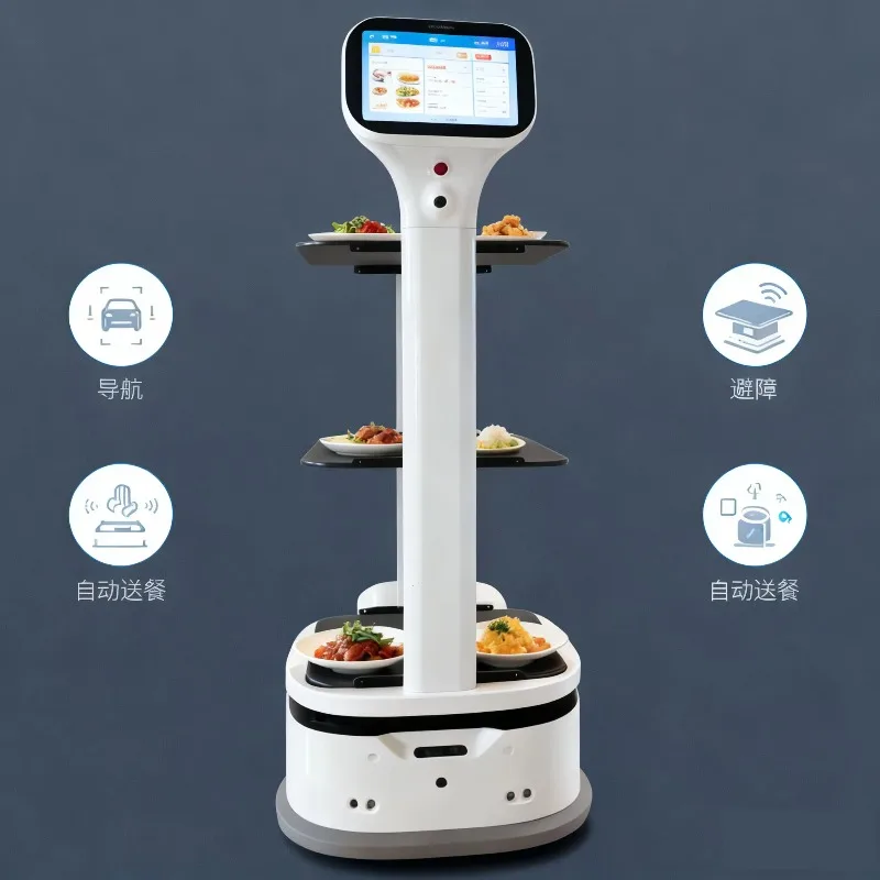 Intelligenter Lebensmittellieferroboter für Restauranthotels mit stabilem mehrschichtigem Tablett, autonome Navigation, selbstladender Service-Bot