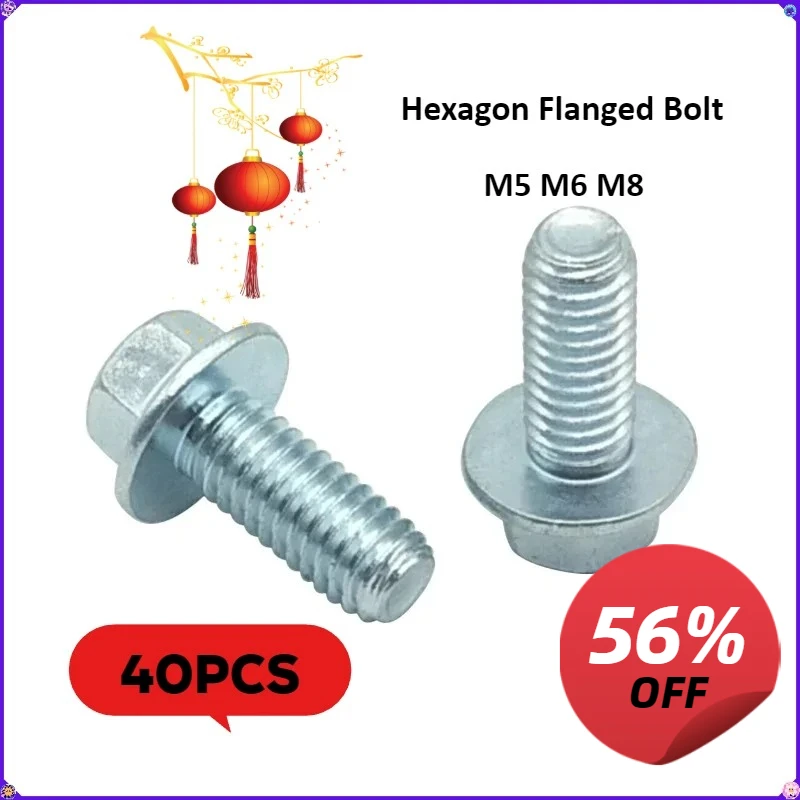 40pcs  M5 M6 M8 Hexagon Bolt Flanged 8.8 Grade Galvanized Outer Hexagon Flange Screw  L=10-30mm GB5787  16mm 20mm 25mm