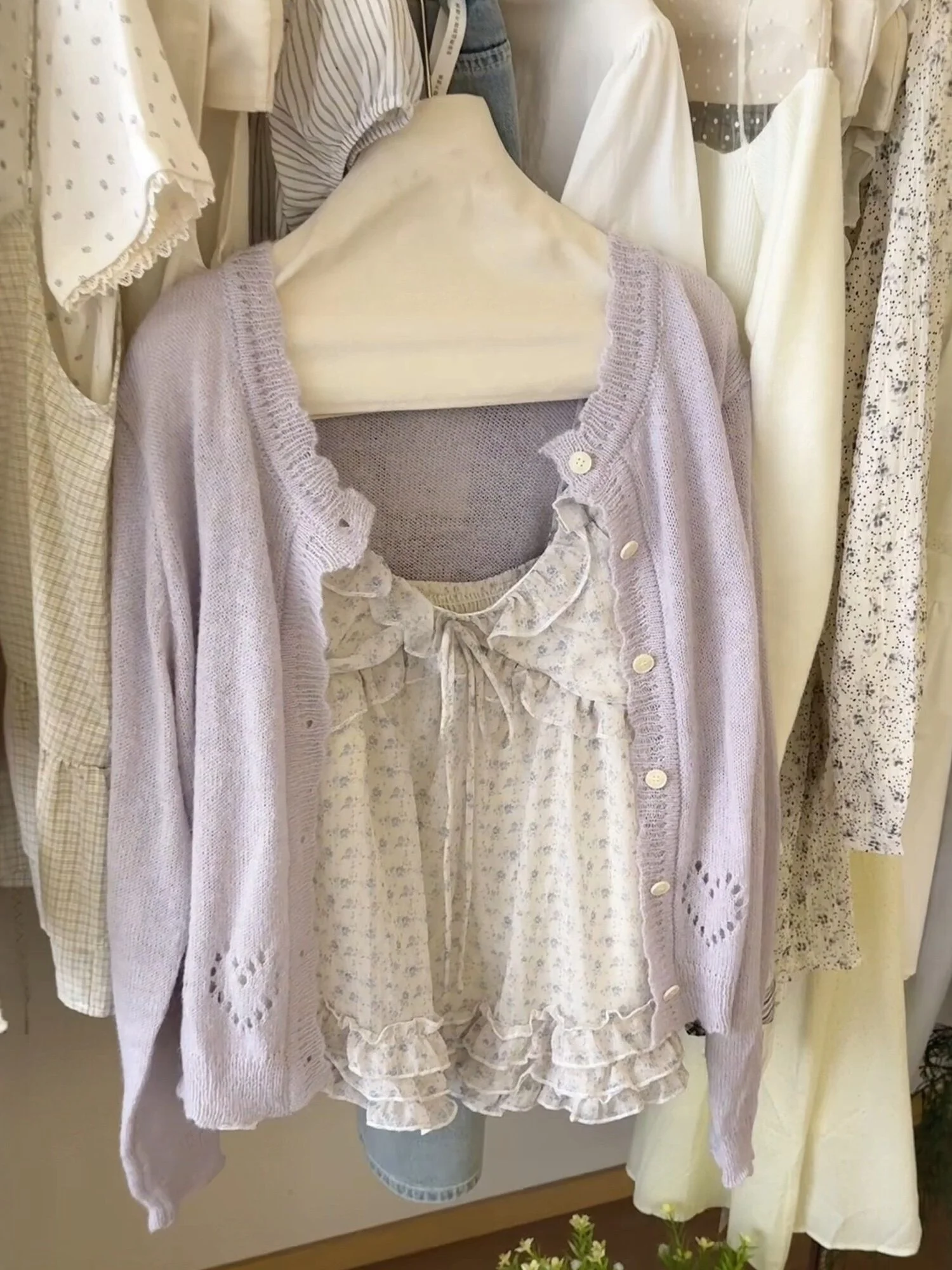 

Spring Summer Sweet Girl Style Lace Trim Floral Print Strap Knitted Hollow Heart Design Cardigan Top Two Piece Set Casual Wear