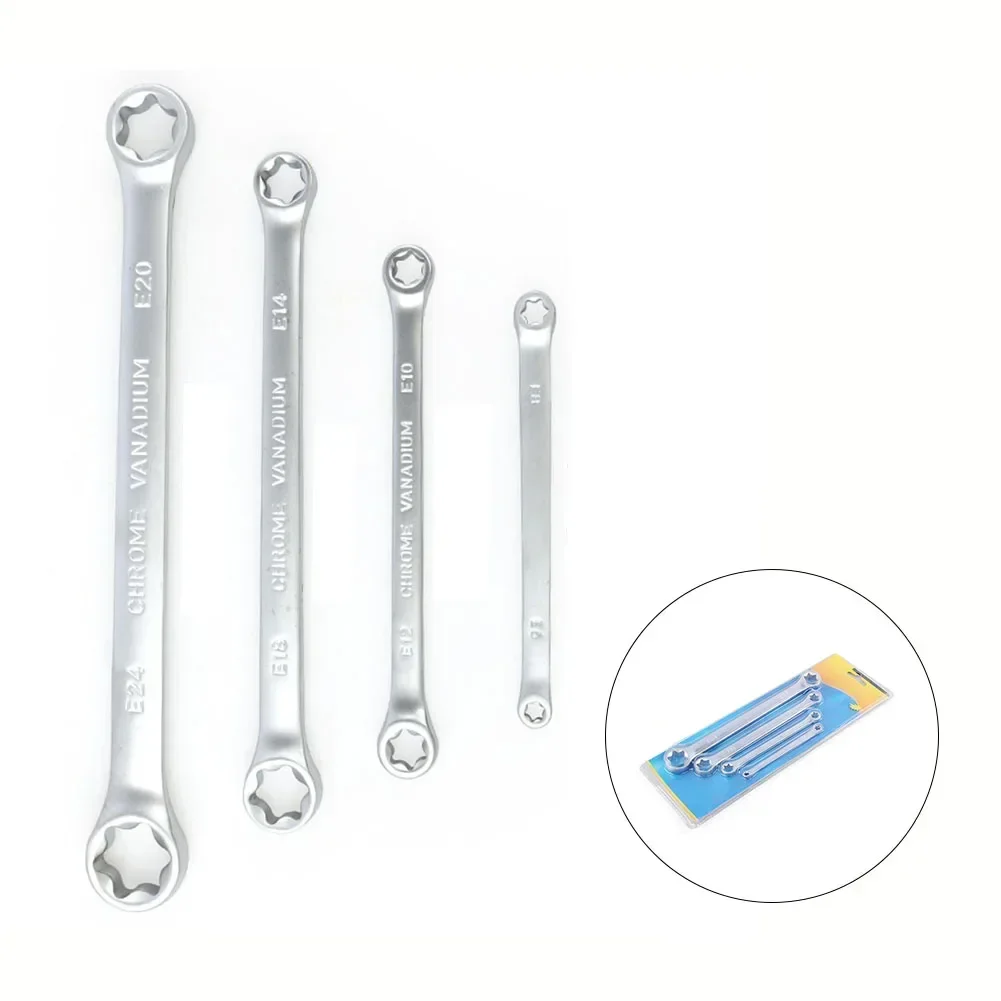 4pcs E-Ring Wrench Spanner E-Torx Box Wrench E6-E24 E-Type Double-Ended Hexagon Socket Wrench Ratcheting Wrench Hand Tool