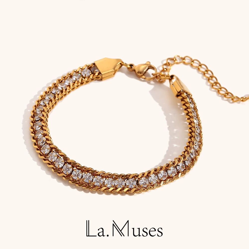 La. Muses Creative Design Popular Three-Layer  Braided Chain Bead Chain Zircon Tennis Stainless Steel Bracelet Jewelry For Women