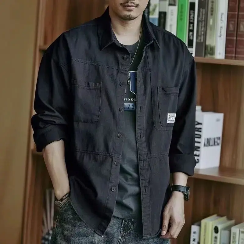 Spring Autumn New Fashion Turn-down Collar Long Sleeve Solid Blouse Men's Clothing Pockets Button American Style Trend Shirts