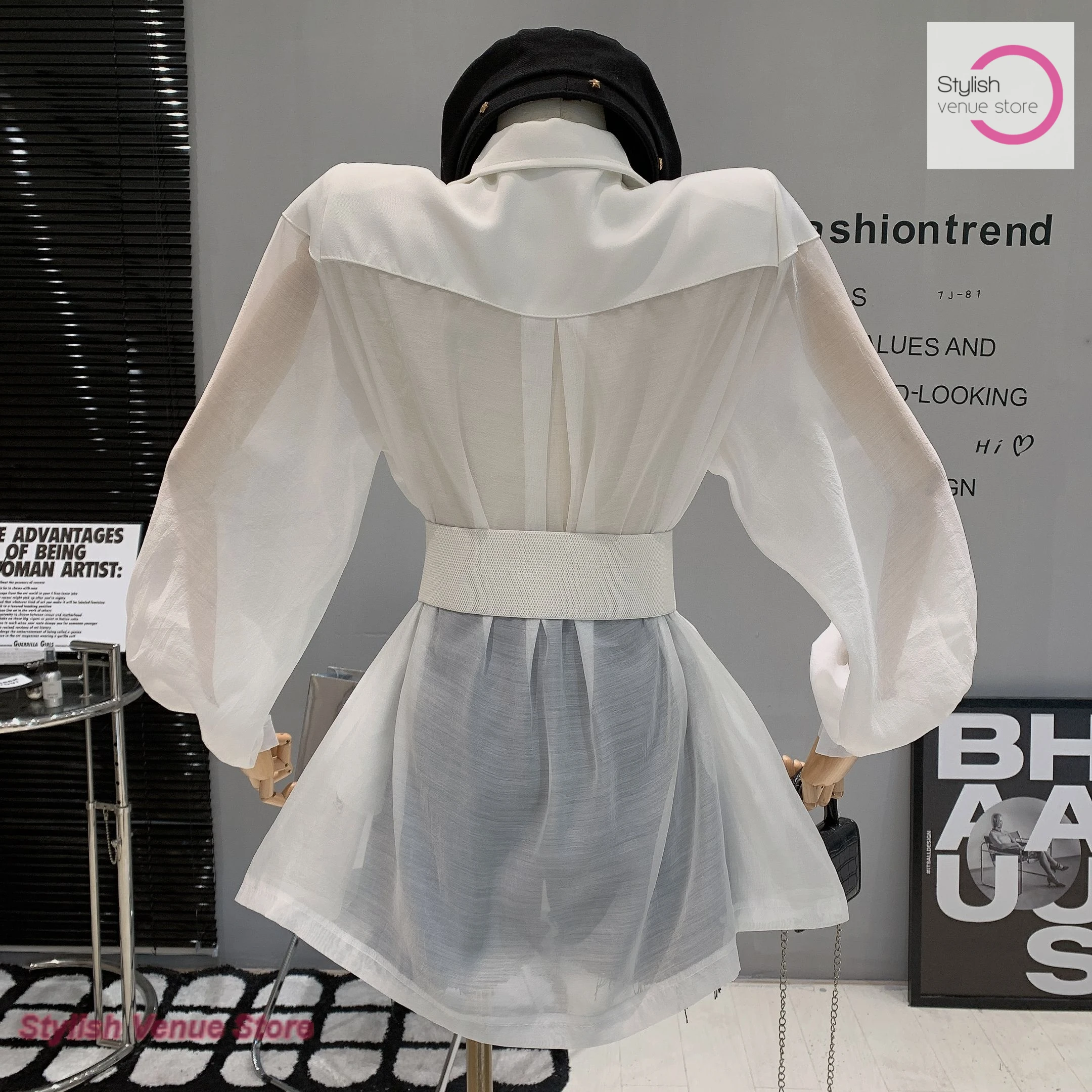 French-style fashion mesh stitching micro-transparent temperament ladies sunscreen coat female spring new temperament belt top