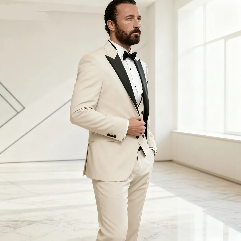 

Men's Classic Ternos Suit 3-Piece Peak Lapel Blazer Vest Pants Slim Fit Elegant Matching Men's Formal Wear Ensemble