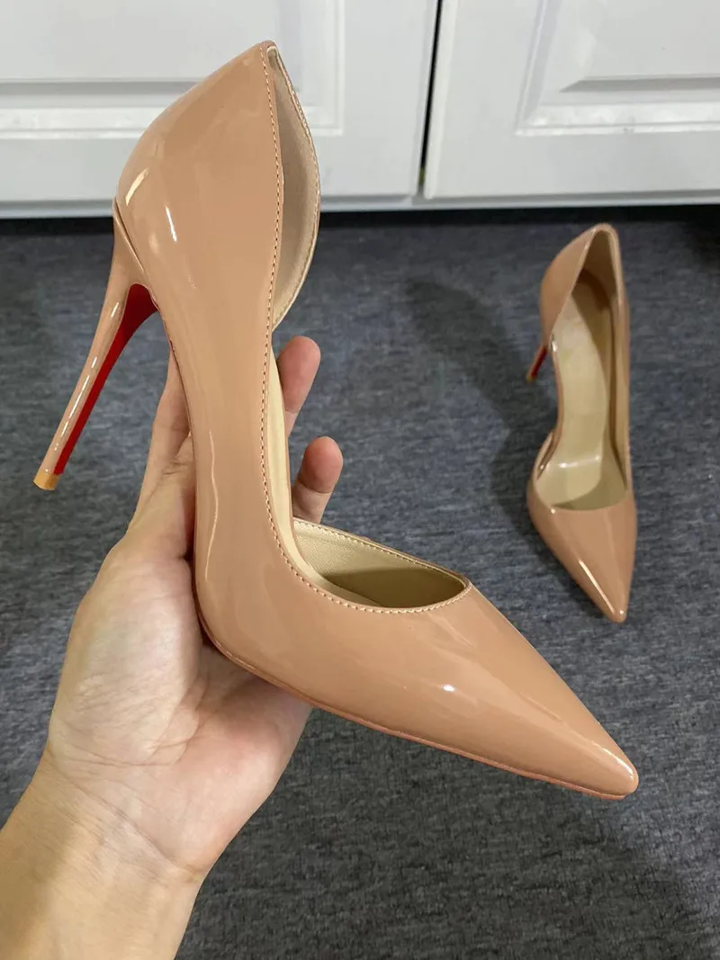 

Qianruiti New Sexy Women Pointed Toe High Heels 10cm 12cm Nude Handmade Patent Leather Woman Catwalk Stiletto Shoes Pump 34-43