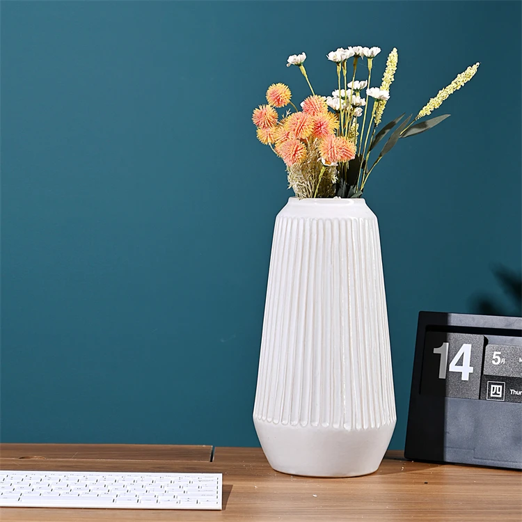 wholesale vertical stripe shape garden pot glossy matt Pure White Ceramic Vases with logo printing