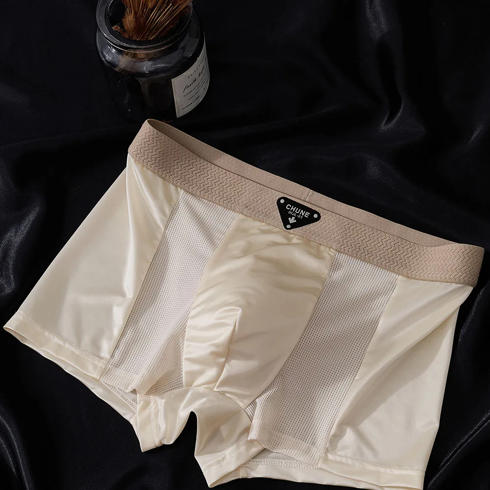 Men Thin Satin-like Ice Silk Lounge Underpants Seamless Boxers Soft Lingerie Mesh Breathe Panties Smooth Trunks Underwear Trunks