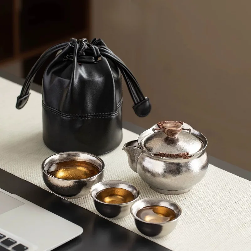 Double-layer Pure Titanium Travel TeaSet with Luxury Hand-grip Teapot Tea Cups Portable Outdoor Camping Tea Cups Silver Tea Cup