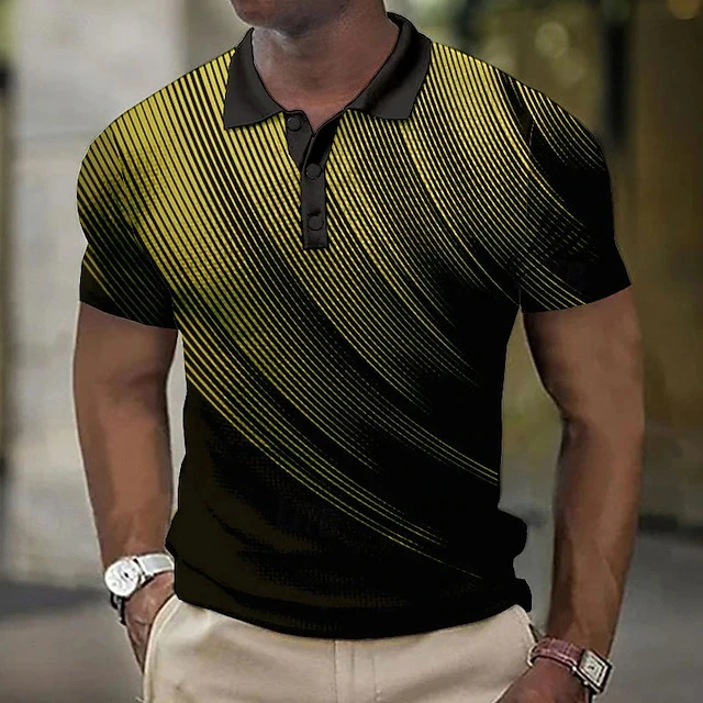 Vintage Men Contrast Polo Shirt Diagonal Gradient Stripe Print Light Fabric Short Sleeve Daily Street Retro Casual Male Tee Tops