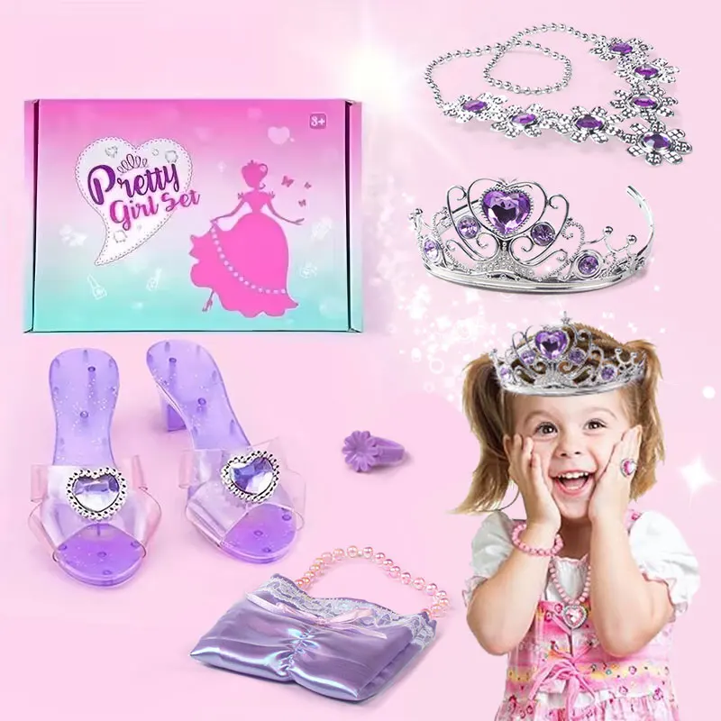 Scarpe da principessa per bambini, giocattoli di gioielli finti, set di scarpe da principessa con, orecchini a corona, collane, anello, borsa, gioco di ruolo