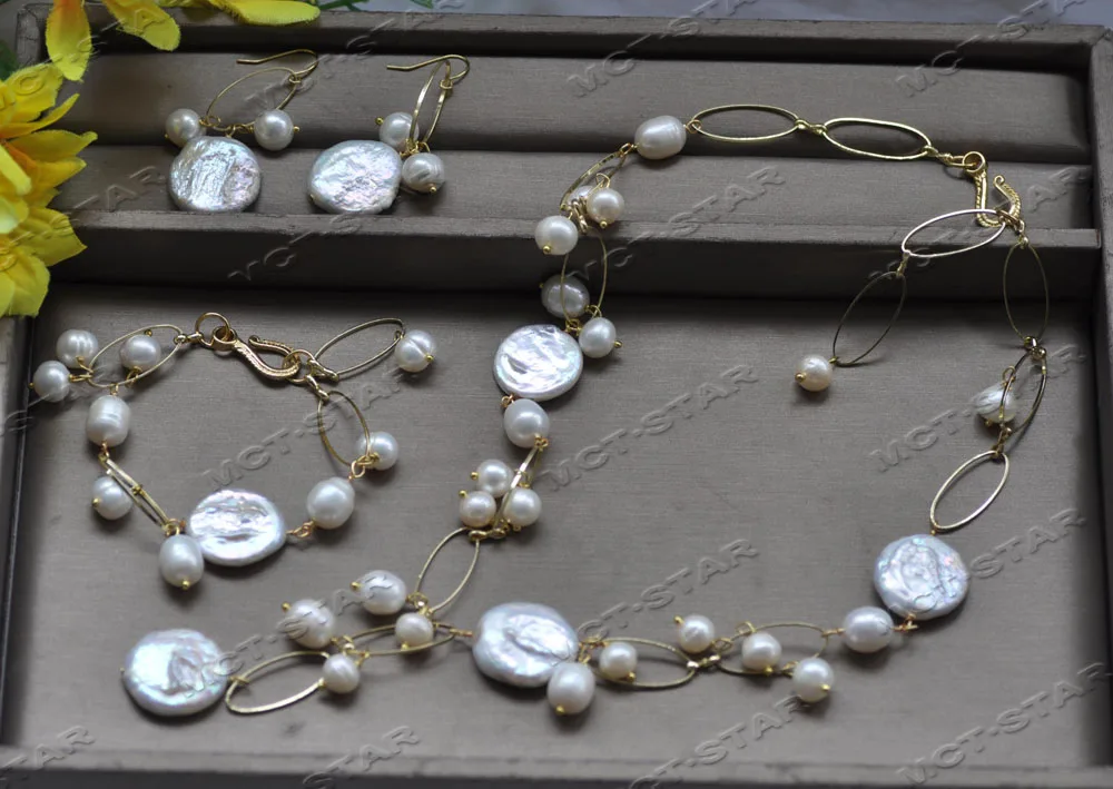 MTC·STAR Set 20mm White Coin Rice Round Pearl Gold-Plated Chain Necklace Bracelet Earring (Z12646)