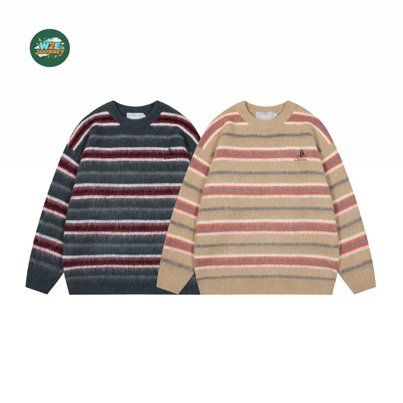 

W2EJOURNEY EU US Size Premium Quality Luxury Outdoor Wear VintageMens Crewneck Casual Thermal Pullover Stripe Sweaters