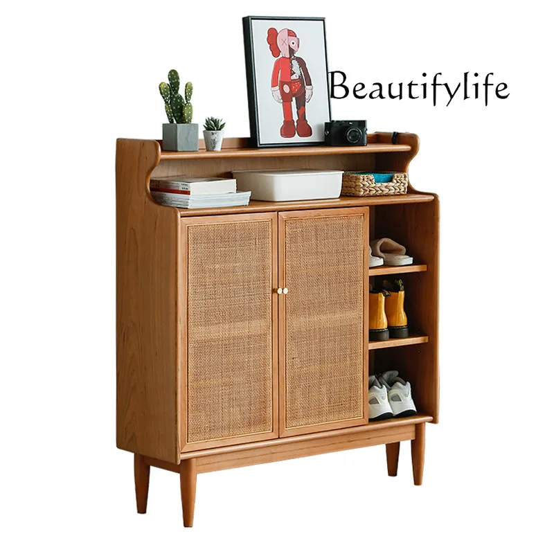 

Nordic Solid Wood Rattan Shoe Cabinet Simple Modern Living Room Hallway Storage Entrance Cabinet Home