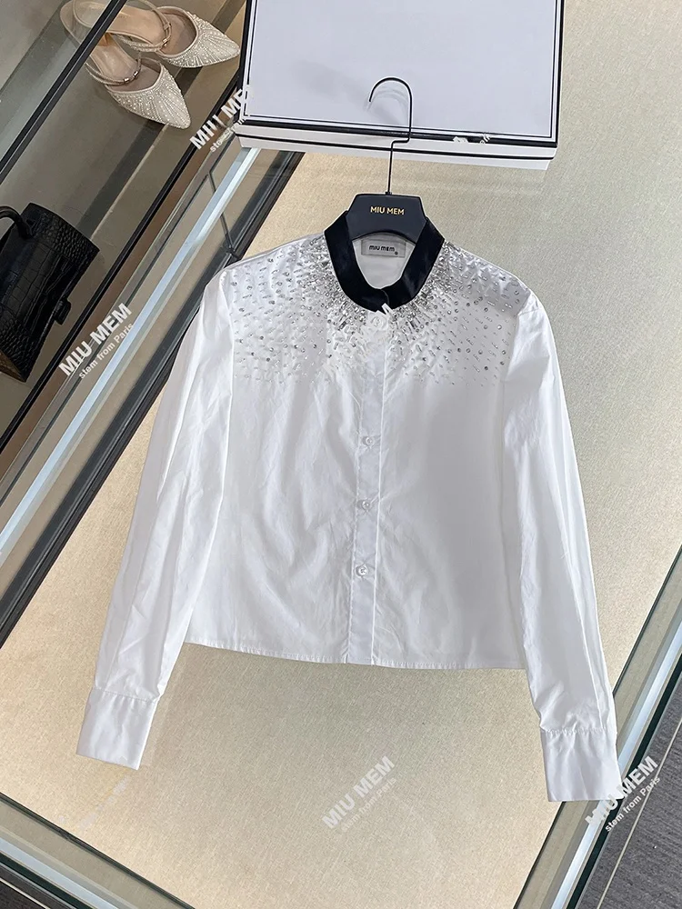 

Ele Women's Embroidered irt Collar Stand up Heavy Du Rhinestone Commute Sle Polyester Fiber Long Sve Regular Length