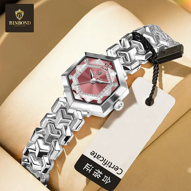 BINBOND Top Brand Elegant Women's Watches Fashion Rhombus Mirror Ladies Wristwatch Waterproof Diamond Dial Original Quartz Watch