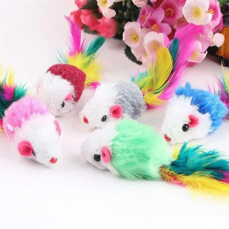 New Cute Mini Soft Fleece False Mouse Cat Toys Colorful Feather Funny Playing Training Toys for Cats Kitten Puppy Pet Supplies
