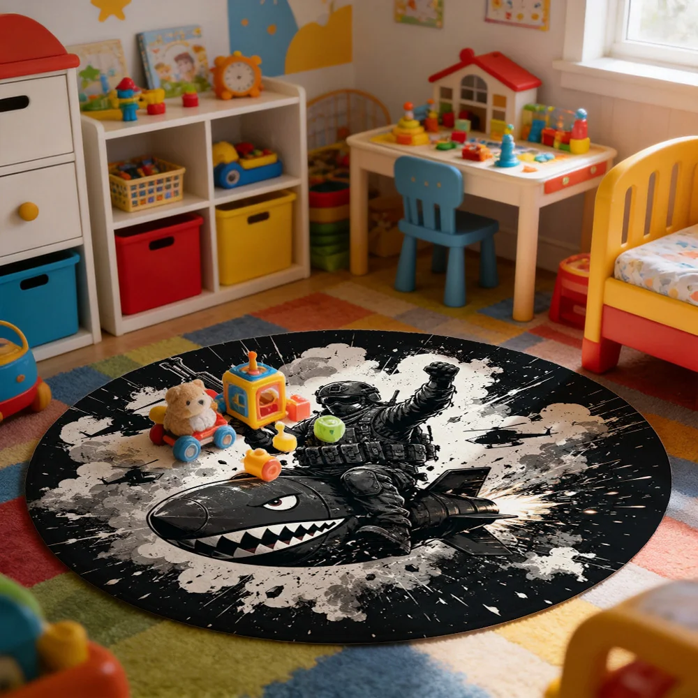 Military Zombie Shark Attack Tactical Shooter Gaming Area Rug for Man Cave Decor